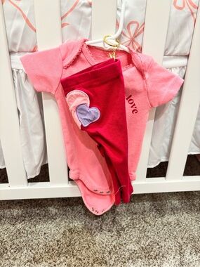 Pink Baby Onesie with Heart Patch Leggings Set
